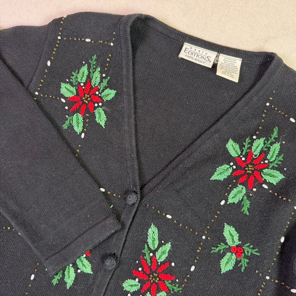 Vtg Basic Editions Holiday Beaded Plaid Embroidered Poinsetta Cardigan Women's M